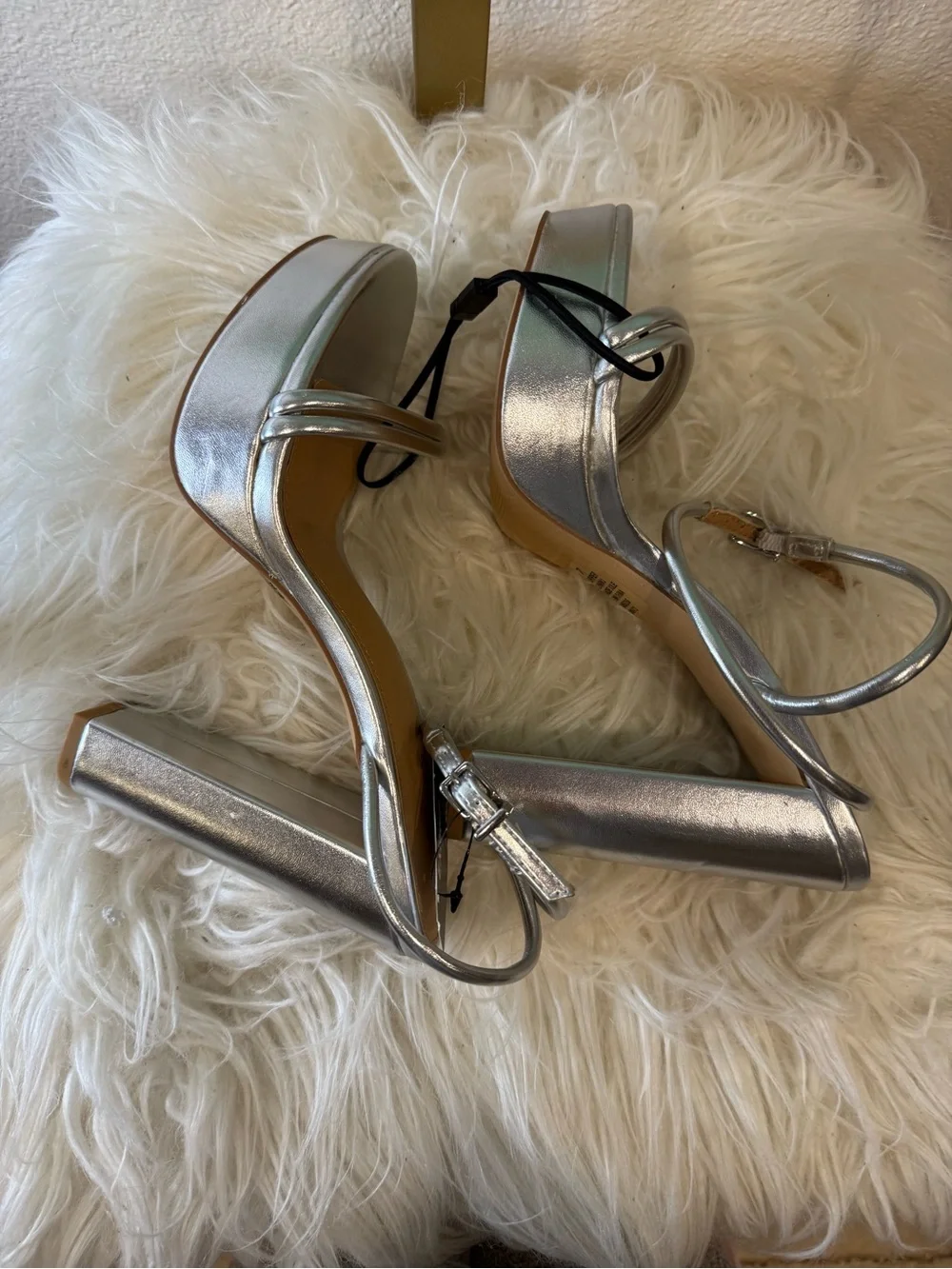 Express Silver Metallic Double-Ankle Block Heel Sandals Size 7